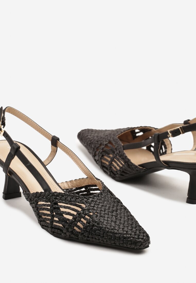 super mode Sandale Negre Împletite cu toc pisicuță Slingback Felorna