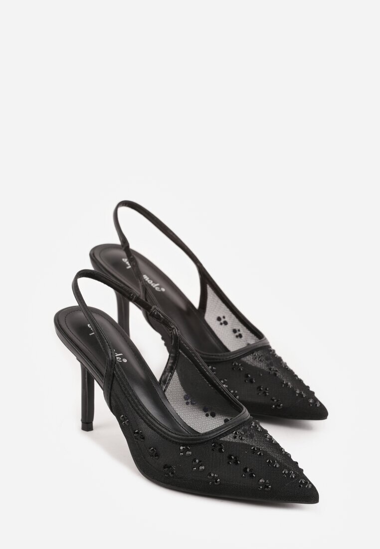 super mode Sandale Negre Slingback cu Toc Subțire din Plasă Decorate cu Zirconii Lilinyra