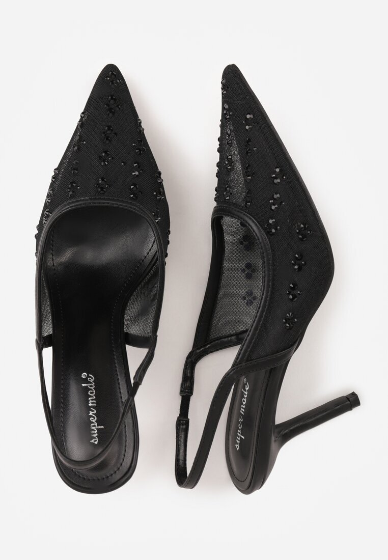 super mode Sandale Negre Slingback cu Toc Subțire din Plasă Decorate cu Zirconii Lilinyra