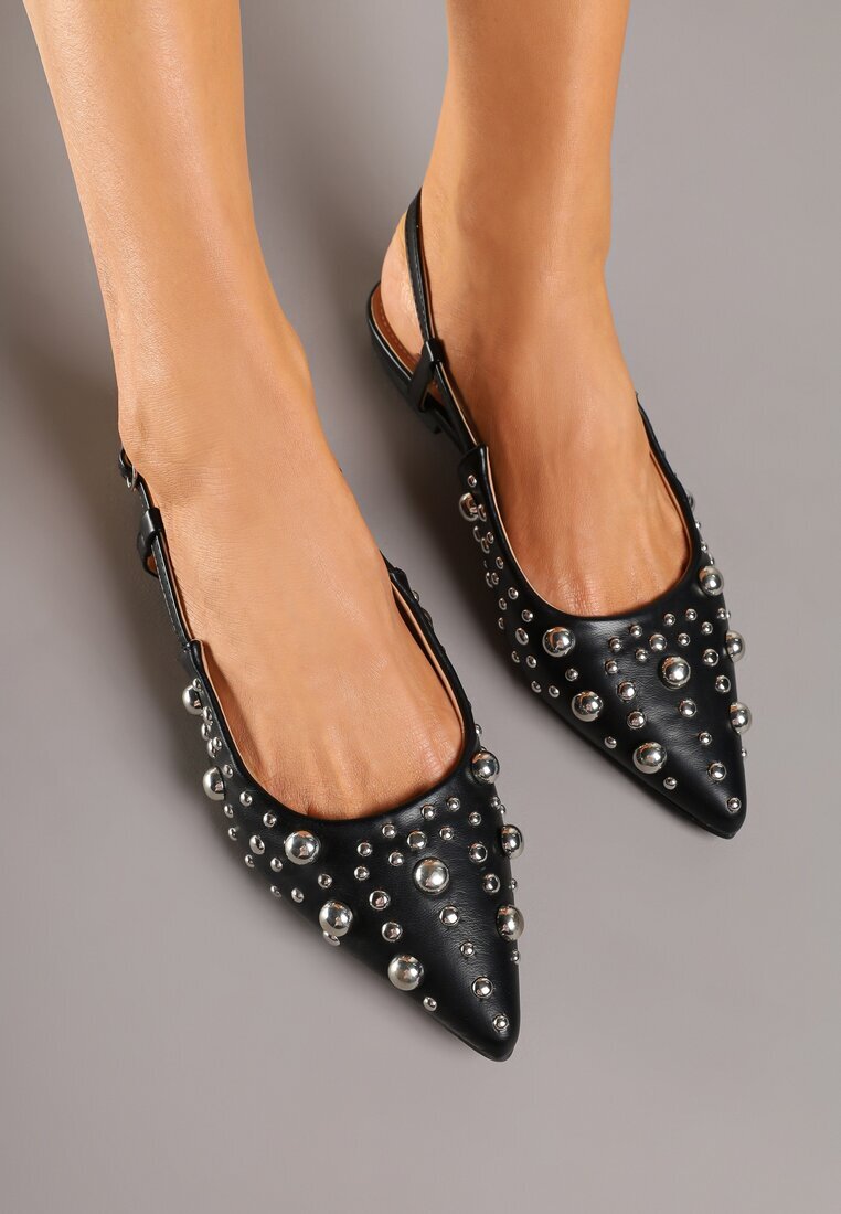 super mode Sandale Negre Tip Slingback cu Decorațiuni 3D Lisatria