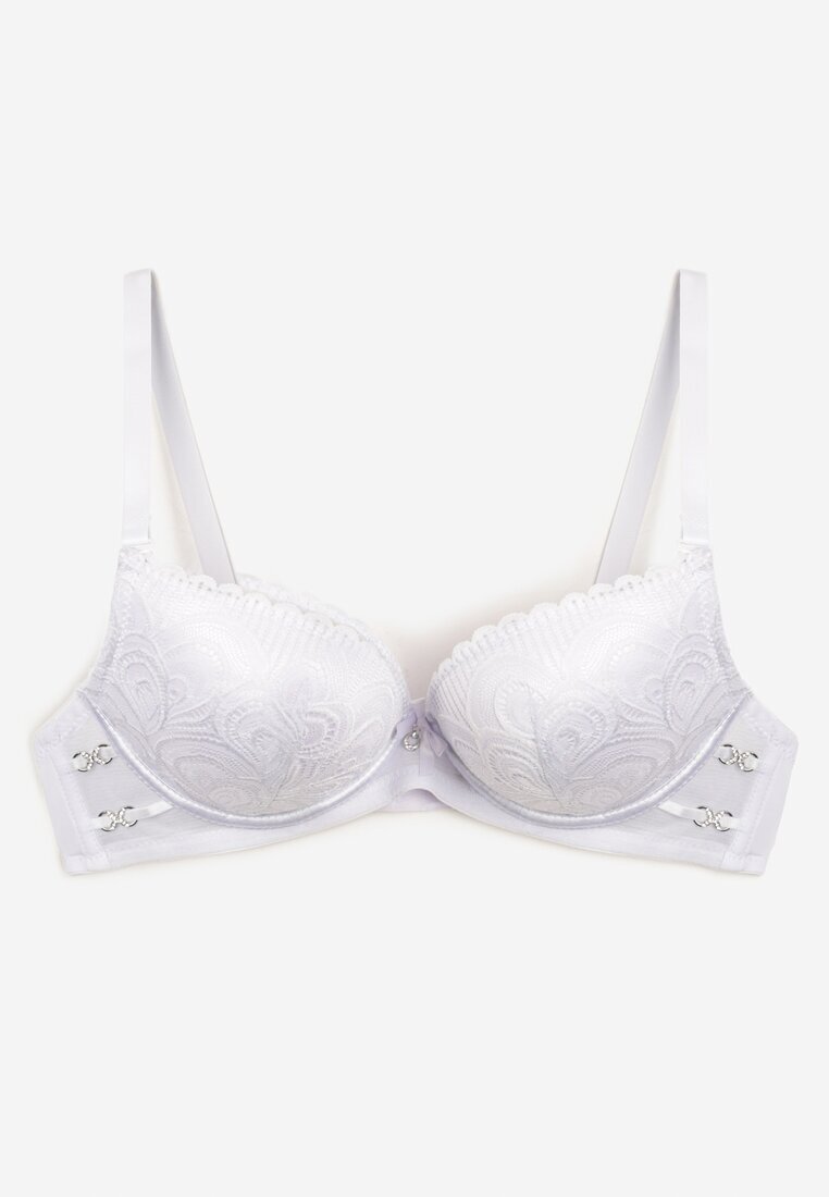  Sutien Alb din Dantelă Tip Push-Up cu Cupe Întărite și Decorațiuni Ellalli