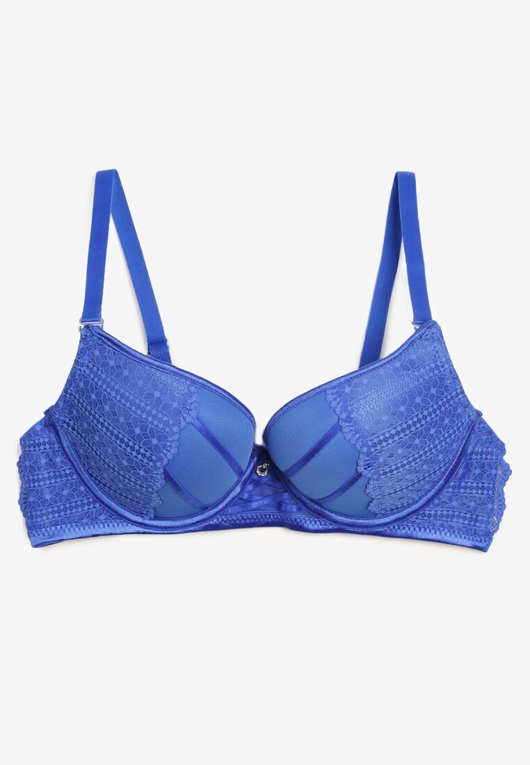  Sutien Albastru cu Push-up Decorat cu Dantelă și Strasuri Topazia