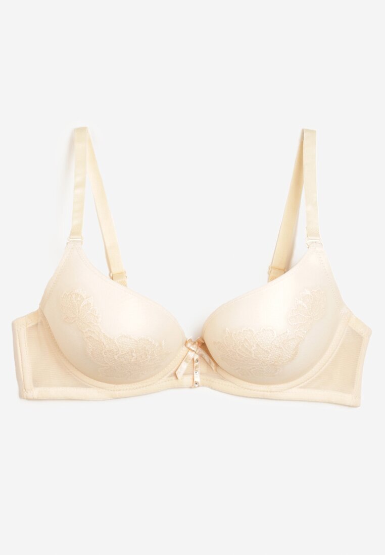  Sutien Bej Push Up Decorat cu model floral și cu fundiță Amaril