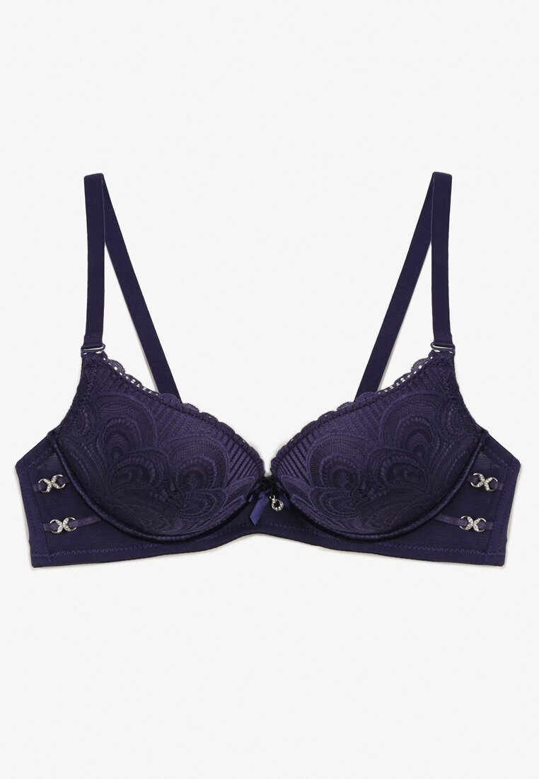  Sutien bleumarin din Dantelă Tip Push-Up cu Cupe Întărite și Decorațiuni Ellalli
