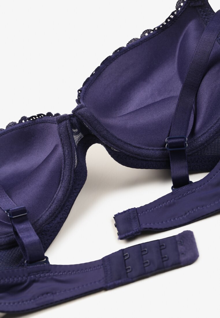  Sutien bleumarin din Dantelă Tip Push-Up cu Cupe Întărite și Decorațiuni Ellalli