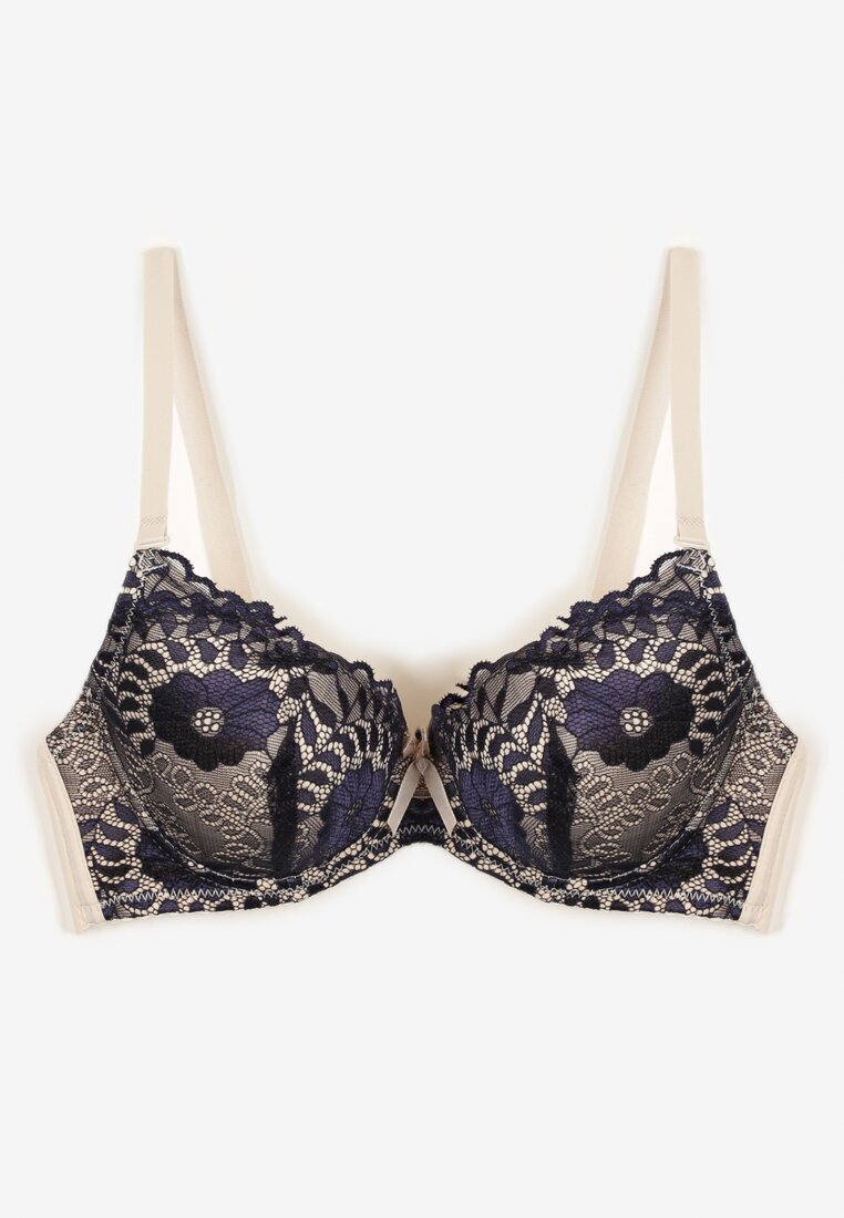  Sutien bleumarin și bej de dantelă cu motiv floral Nelamis