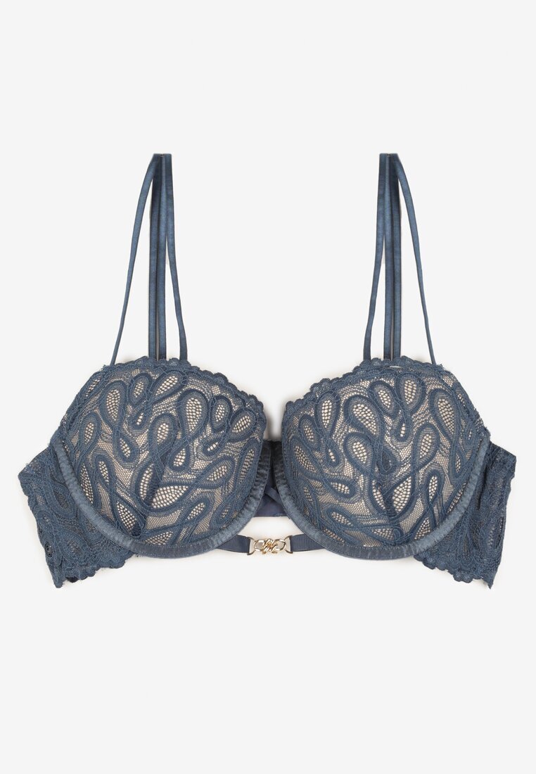  Sutien bleumarin Tip Push Up cu Dantelă și Bretele Duble Reglabile Emavina