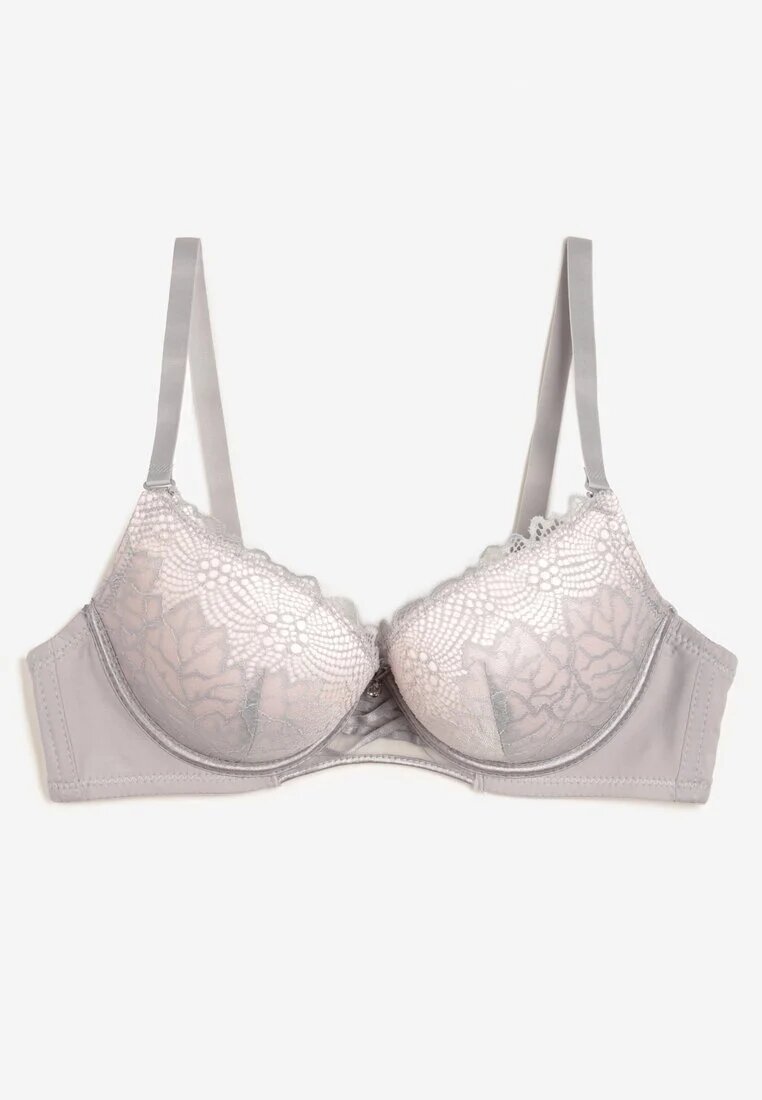  Sutien Gri-Roz Push Up cu Dantelă Decorativă și Pandantiv Gialine