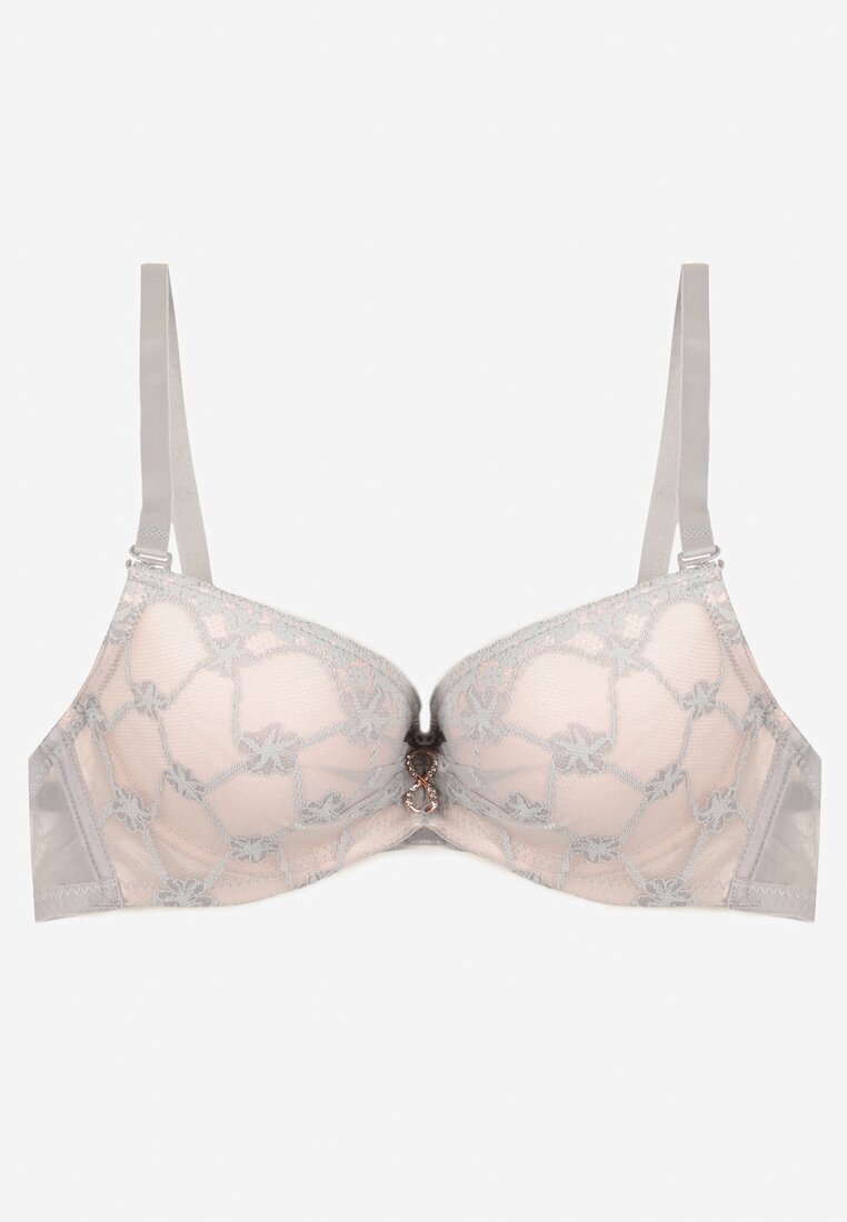  Sutien Gri-Roz Push Up cu Dantelă și Ornament Metalic Norirae