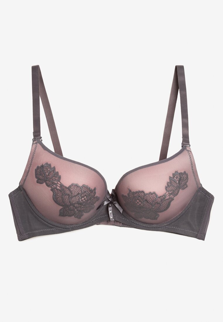  Sutien Gri-Roz Push Up Decorat cu Model floral și Fundiță Amaril