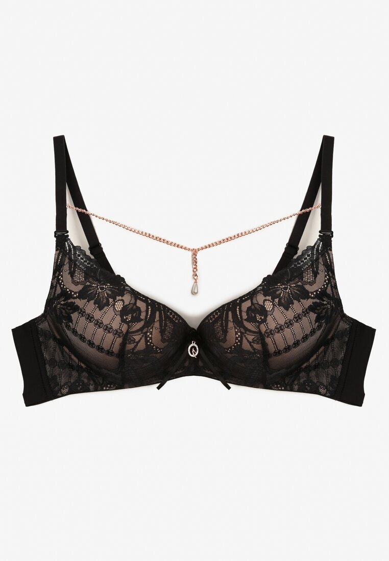  Sutien Negru-Bej Push Up Decorat cu lănțișor cu cristal Brinanna