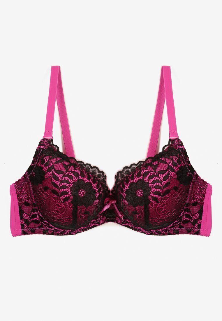  Sutien Negru-Fuchsia din Dantelă cu Motiv Floral Nelamis