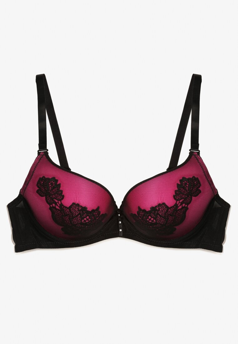  Sutien Negru-Fucsia Push Up Decorat Cu Model Floral și Fundiță Amaril