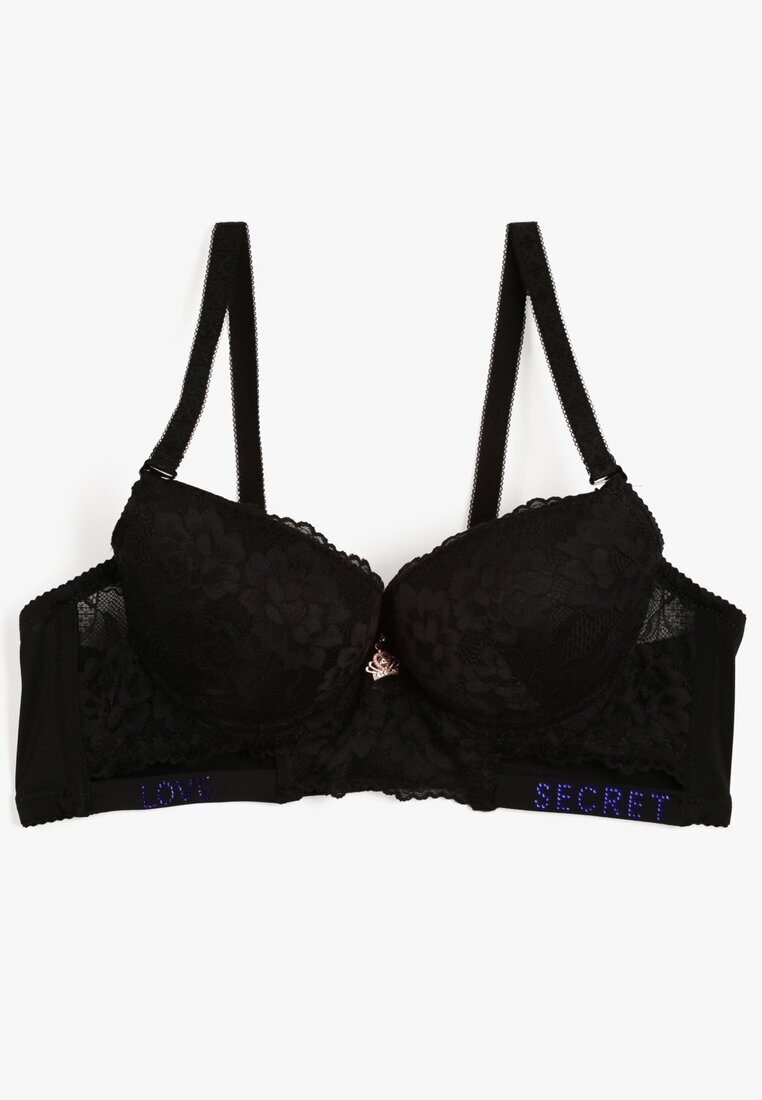  Sutien Negru Push-Up Decorat cu Dantelă și Inscripții cu Paiete Elisei