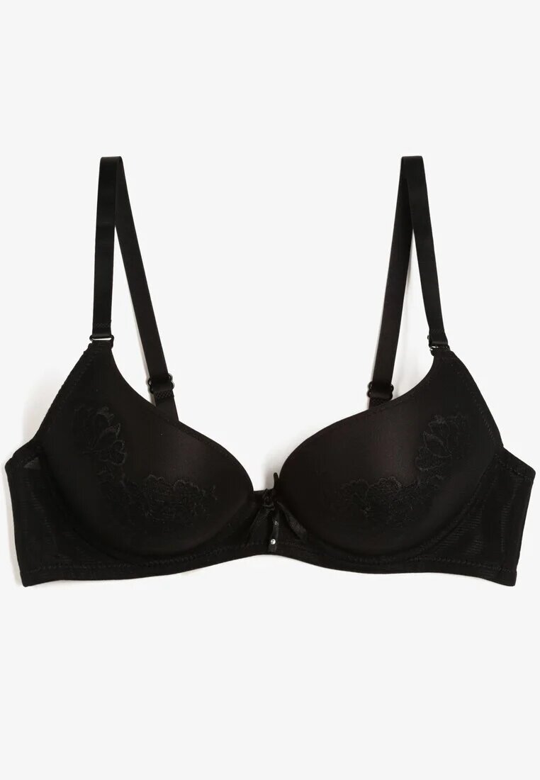  Sutien Negru Push-up Decorat cu Model Floral și cu Fundă Amaril