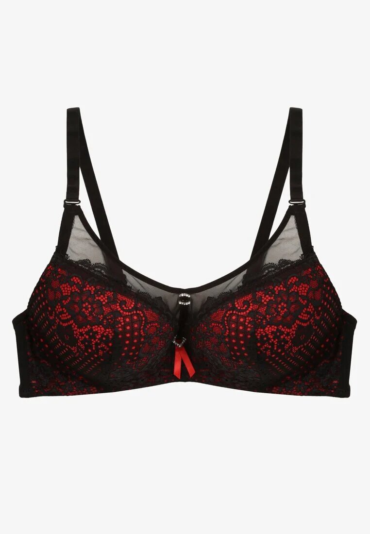  Sutien Negru-Roșu Push-Up din Dantelă Decorat cu Aplicație Metalică Arissta