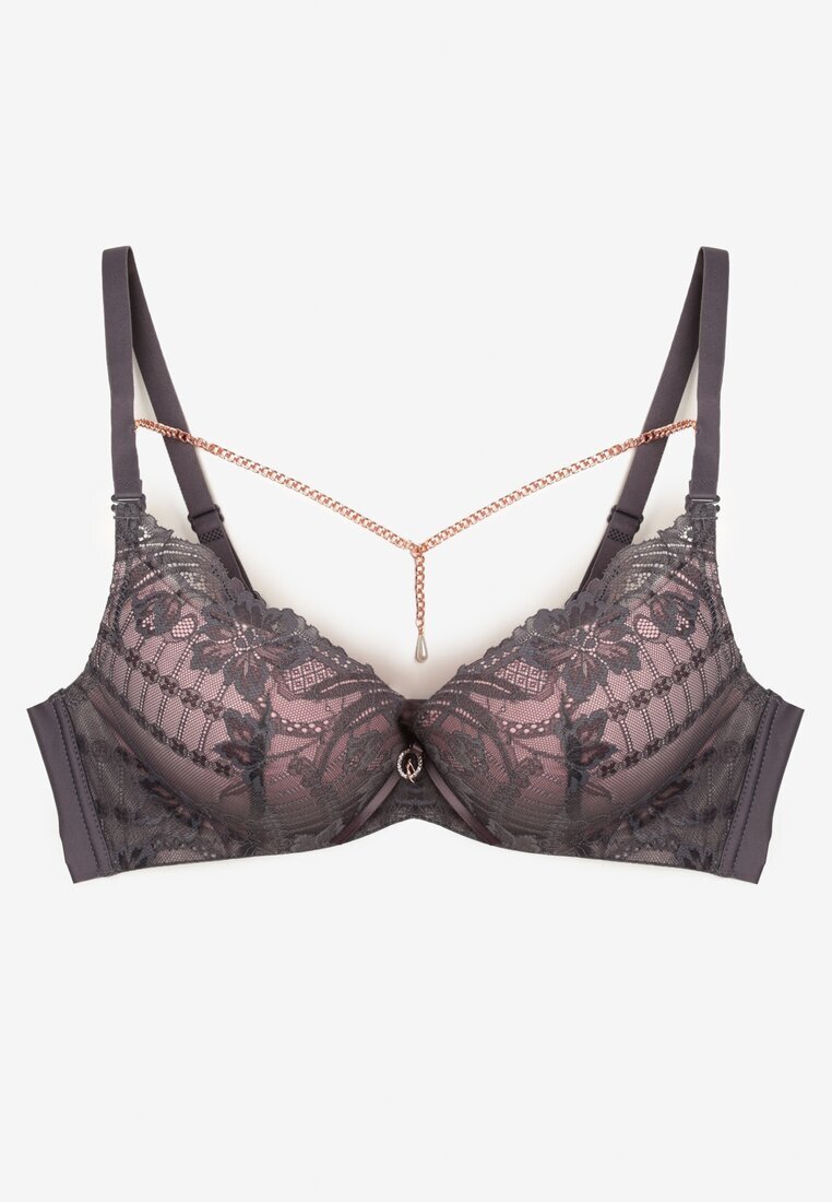  Sutien Push Up Gri-Roz Decorat cu Lanț cu un Cristal Brinanna