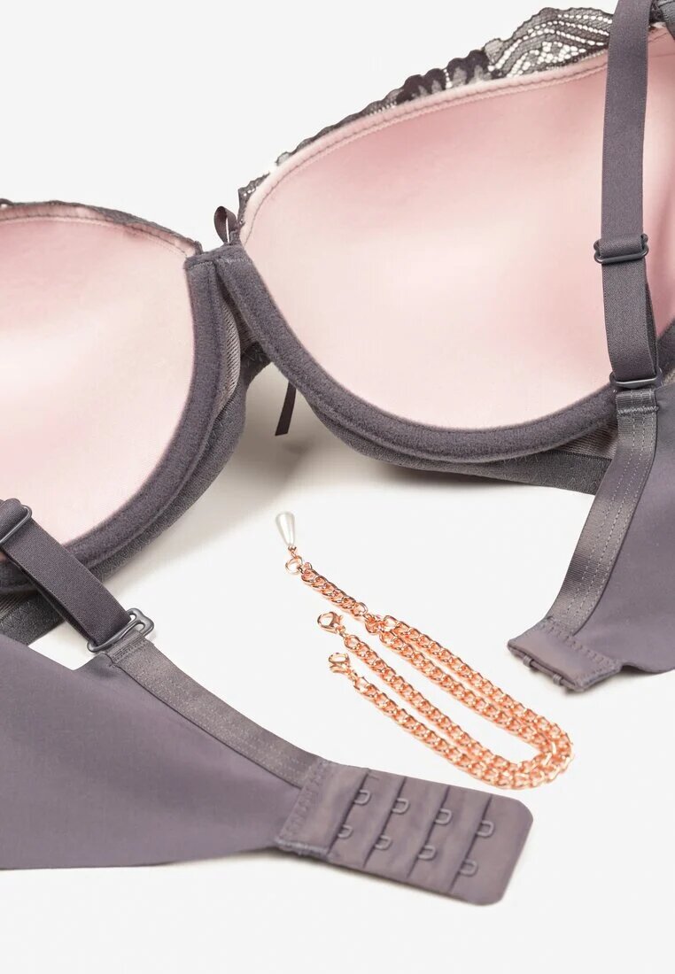  Sutien Push Up Gri-Roz Decorat cu Lanț cu un Cristal Brinanna