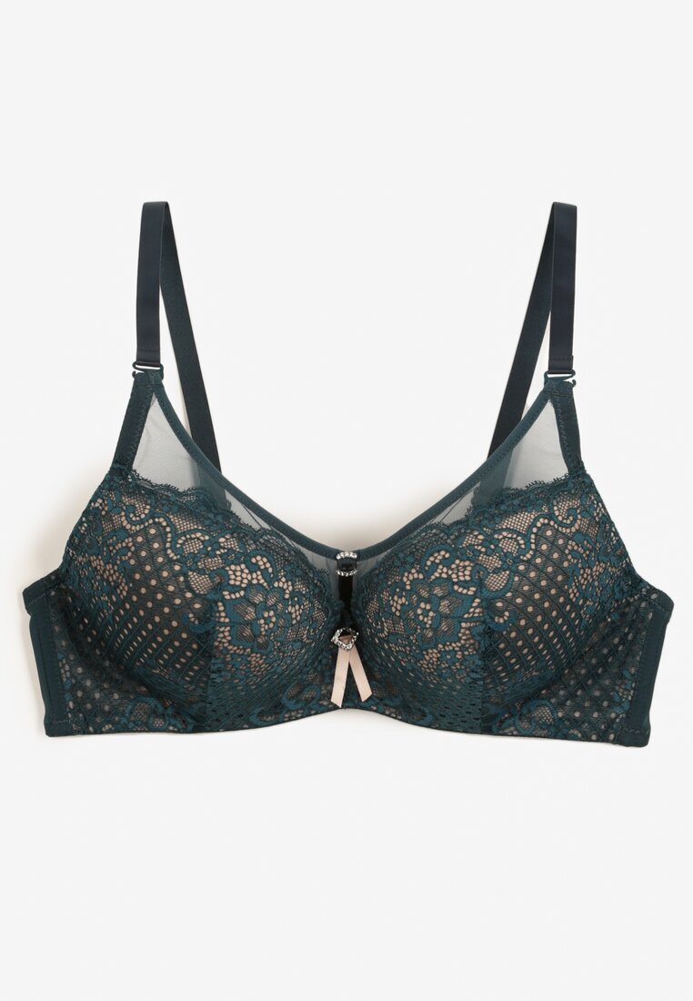  Sutien Push-up Verde închis din Dantelă Decorat cu Aplicație Metalică Arissta