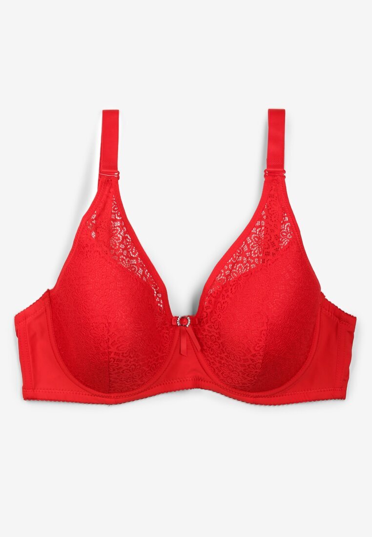  Sutien roșu din dantelă full cup cu zirconii decorative pe fundiță Nikoriana