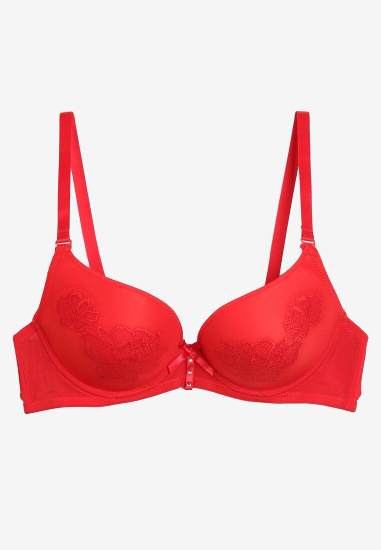  Sutien Roșu Push Up Decorat cu Model Floral și Fundiță Amaril