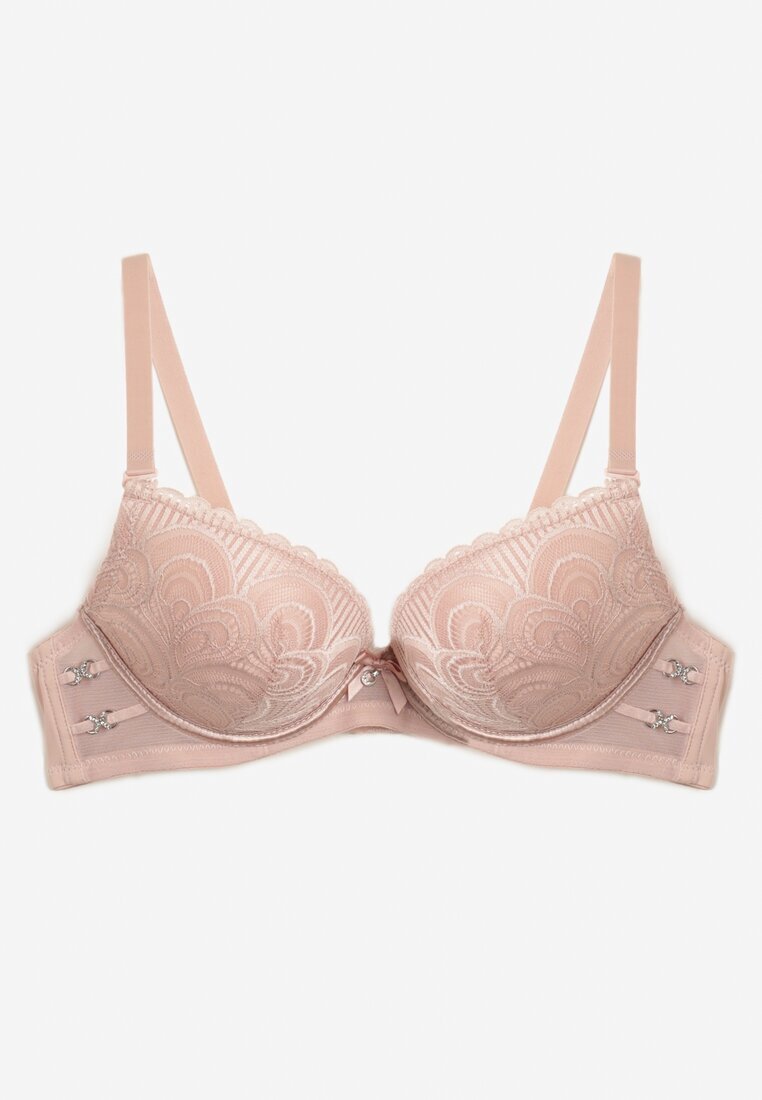  Sutien Roz din Dantelă Tip Push-Up cu Cupe Întărite și Decorațiuni Ellalli