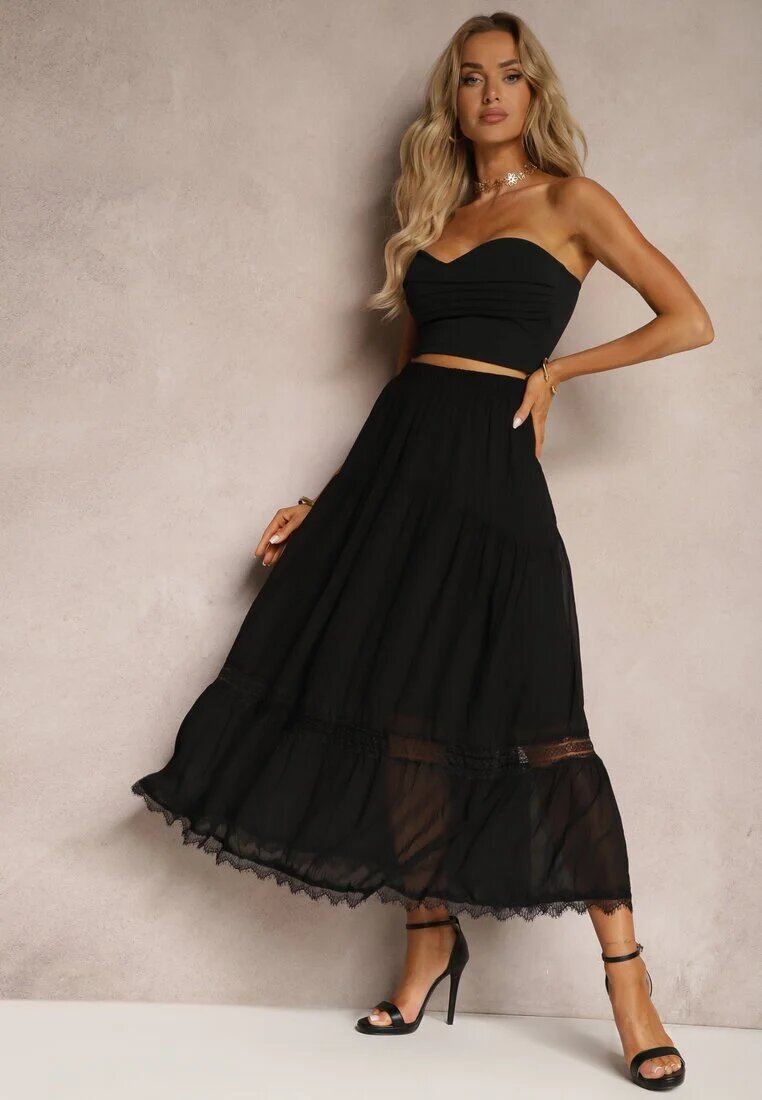 sweet&girl Fustă Neagră Maxi Cloș cu bandă decorativă din dantelă Rionette