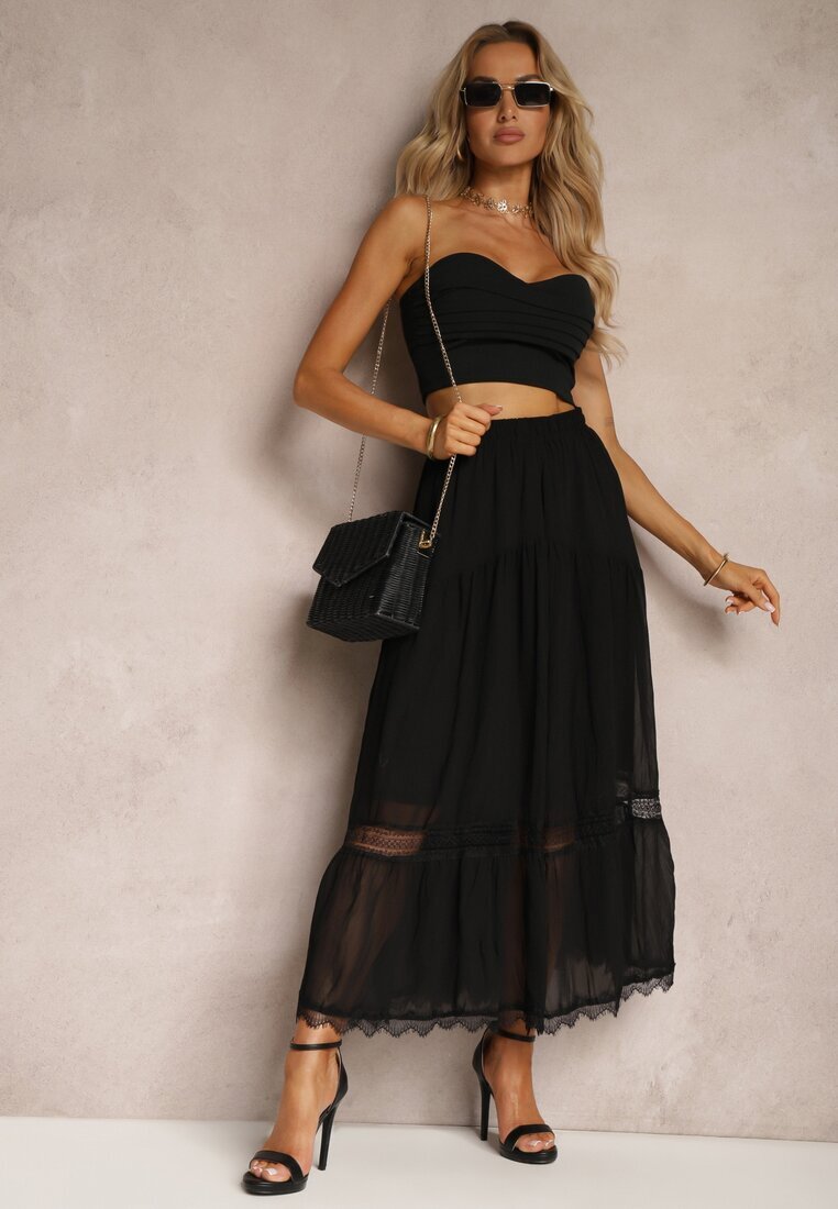 sweet&girl Fustă Neagră Maxi Cloș cu bandă decorativă din dantelă Rionette