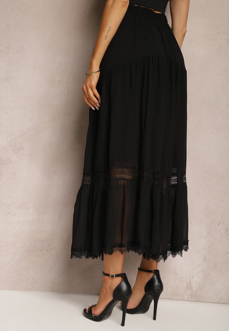 sweet&girl Fustă Neagră Maxi Cloș cu bandă decorativă din dantelă Rionette