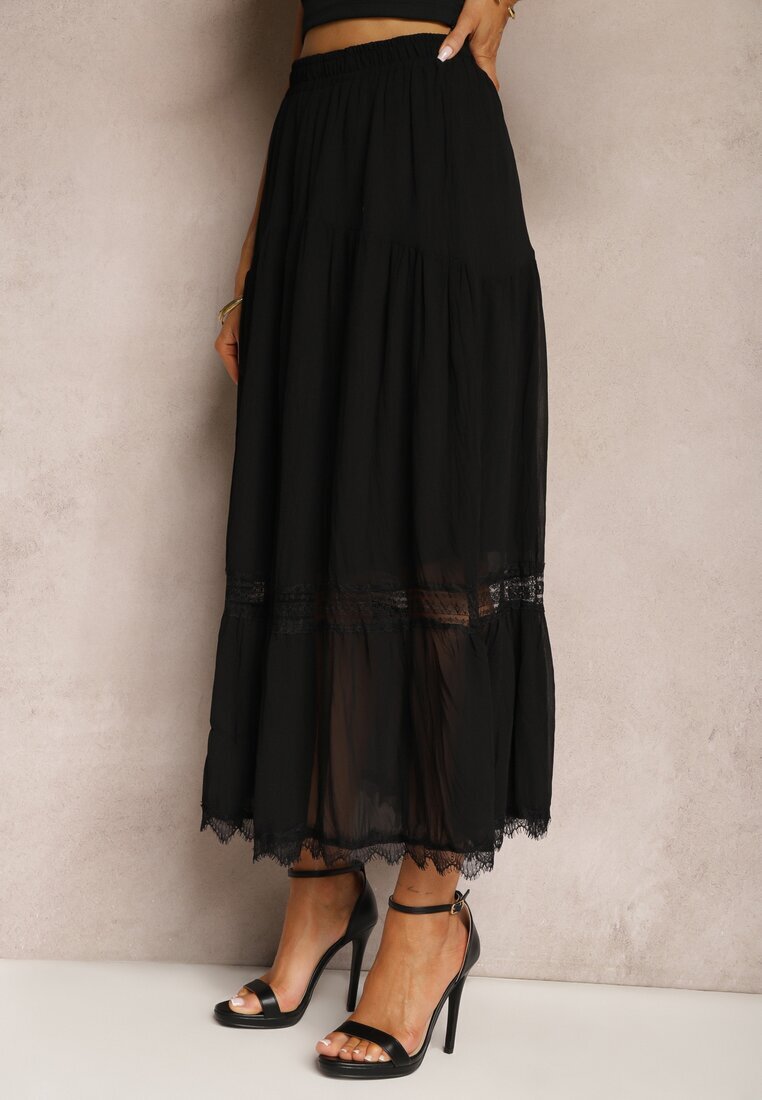 sweet&girl Fustă Neagră Maxi Cloș cu bandă decorativă din dantelă Rionette