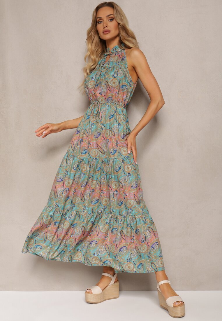 sweet&girl Rochie Albastru-Verde în stil Boho Fără mâneci cu elastic în talie și cu șnur la decolteu Yisa