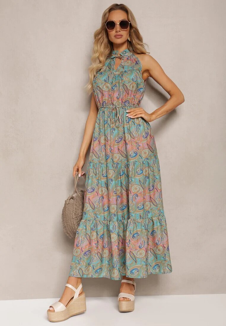 sweet&girl Rochie Albastru-Verde în stil Boho Fără mâneci cu elastic în talie și cu șnur la decolteu Yisa