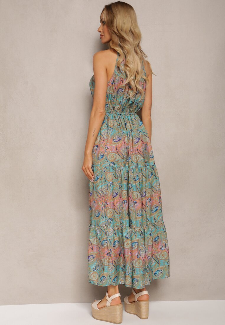 sweet&girl Rochie Albastru-Verde în stil Boho Fără mâneci cu elastic în talie și cu șnur la decolteu Yisa
