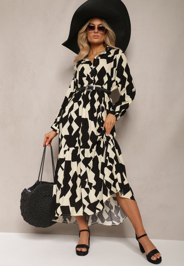 sweet&girl Rochie Bej-Negru tip cămașă Maxi cu Imprimeu Geometric Qerida