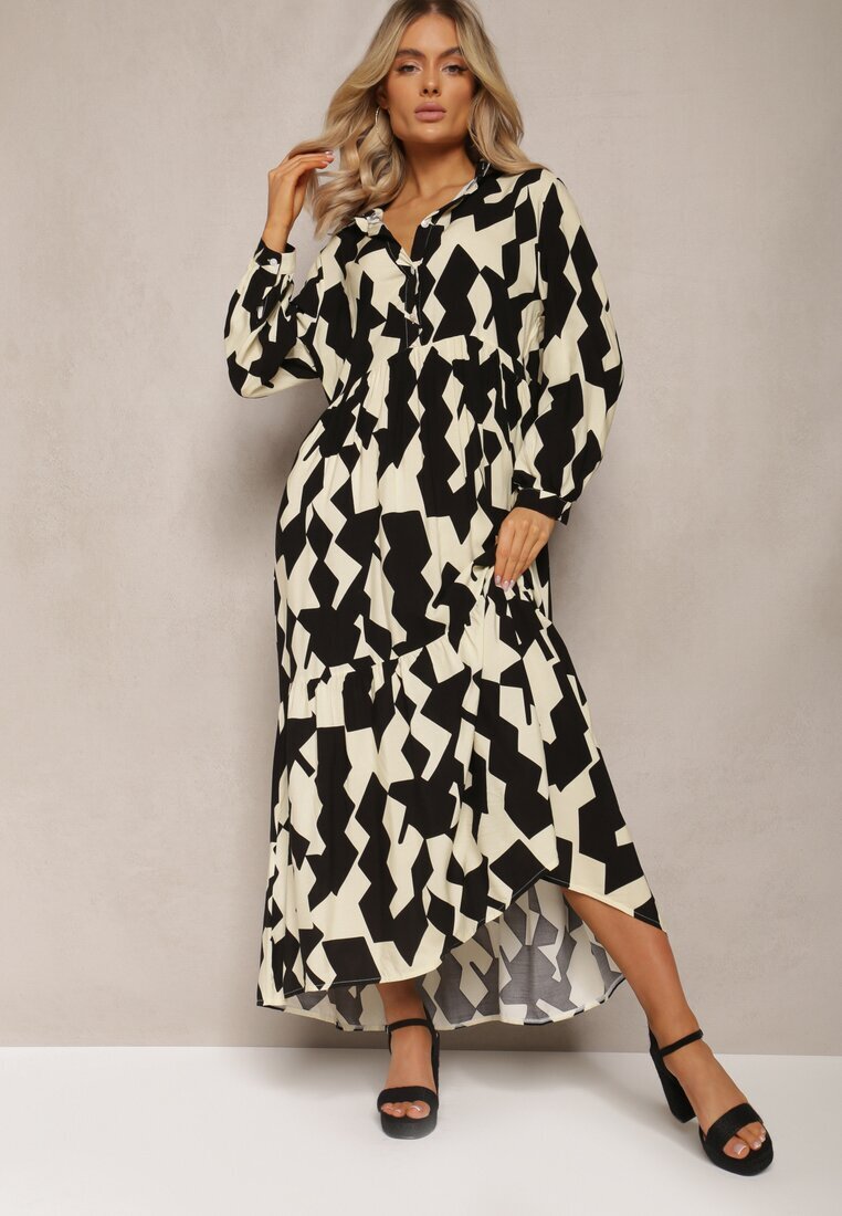 sweet&girl Rochie Bej-Negru tip cămașă Maxi cu Imprimeu Geometric Qerida