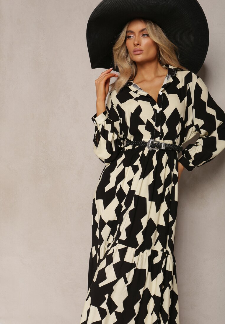 sweet&girl Rochie Bej-Negru tip cămașă Maxi cu Imprimeu Geometric Qerida