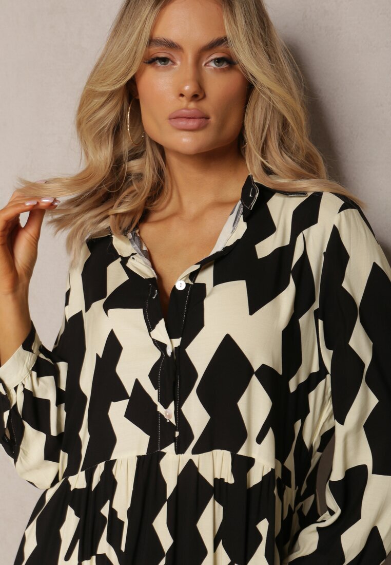 sweet&girl Rochie Bej-Negru tip cămașă Maxi cu Imprimeu Geometric Qerida