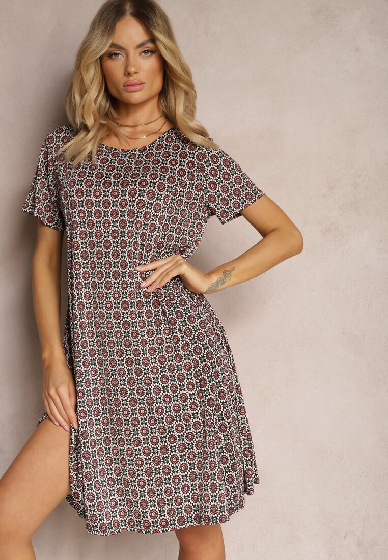 sweet&girl Rochie Cloș Negru-Bordo cu Model Ornamental din Viscoză Oflia
