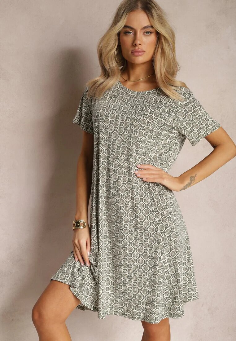 sweet&girl Rochie Evazată Verde-Bej cu model ornamental din viscoză Oflia
