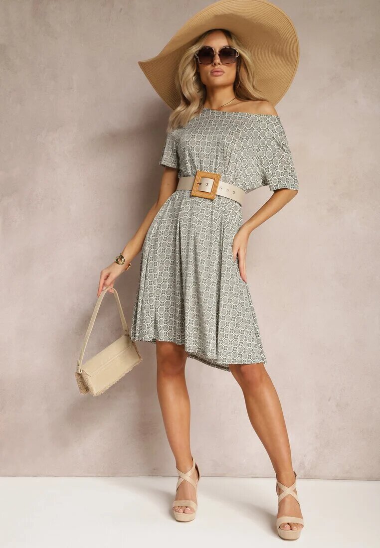 sweet&girl Rochie Evazată Verde-Bej cu model ornamental din viscoză Oflia