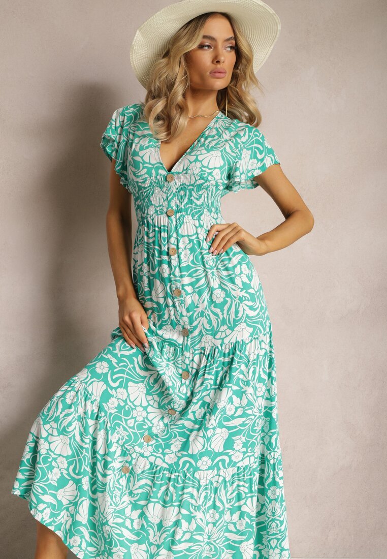 sweet&girl Rochie Maxi Mentă Evazată cu Decolteu Petrecut cu Imprimeu Floral Leivori