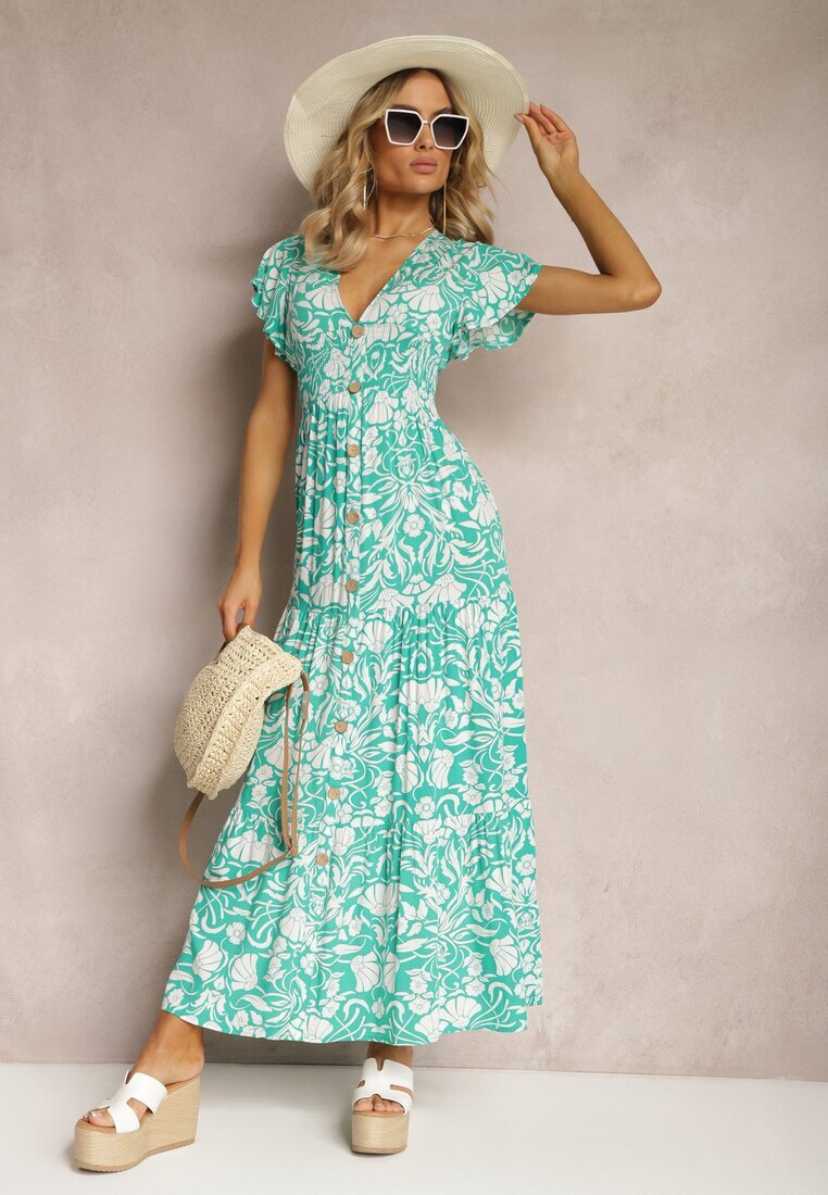 sweet&girl Rochie Maxi Mentă Evazată cu Decolteu Petrecut cu Imprimeu Floral Leivori