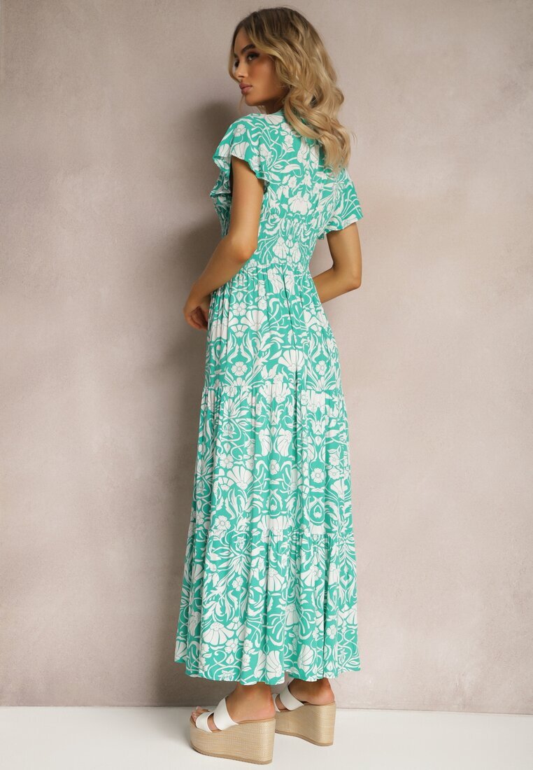 sweet&girl Rochie Maxi Mentă Evazată cu Decolteu Petrecut cu Imprimeu Floral Leivori
