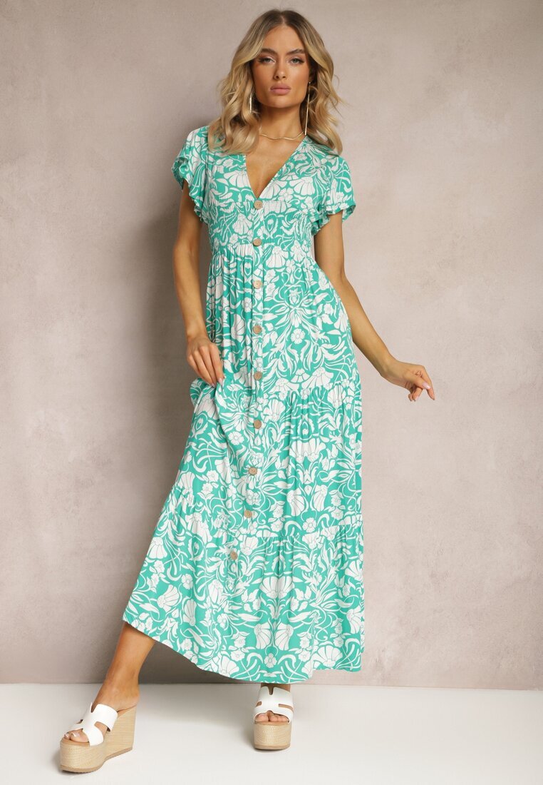 sweet&girl Rochie Maxi Mentă Evazată cu Decolteu Petrecut cu Imprimeu Floral Leivori