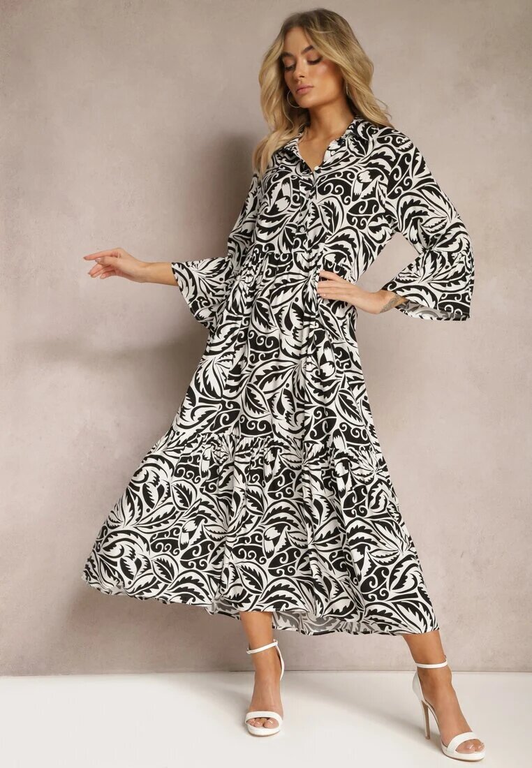 sweet&girl Rochie Maxi Negru-Alb cu Volan Nasturi și Imprimeu cu Frunze și Buline