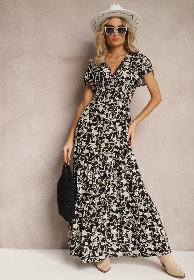 sweet&girl Rochie Negru-Alb cu Elastic în Talie cu Model Floral cu Nasturi Decorativi Ellsa