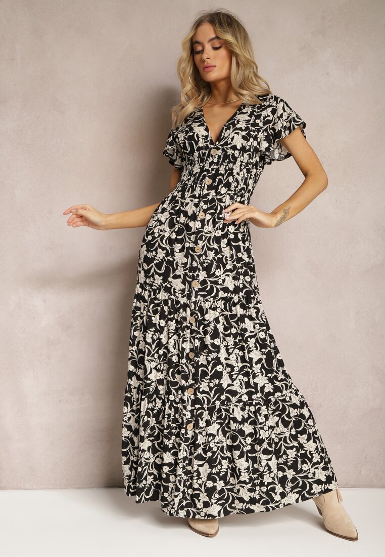 sweet&girl Rochie Negru-Alb cu Elastic în Talie cu Model Floral cu Nasturi Decorativi Ellsa