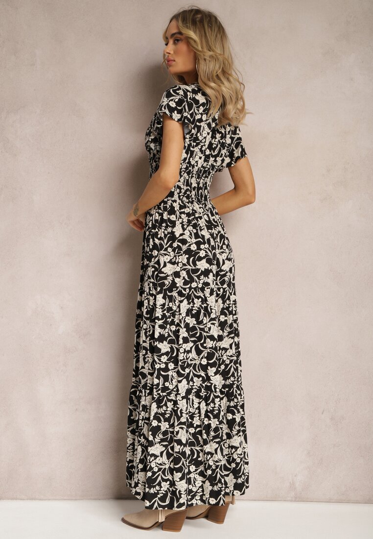 sweet&girl Rochie Negru-Alb cu Elastic în Talie cu Model Floral cu Nasturi Decorativi Ellsa