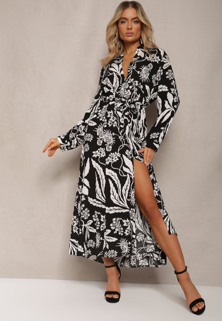 sweet&girl Rochie Negru-Alb Lungă tip Cămașă cu Model Floral Seraplle