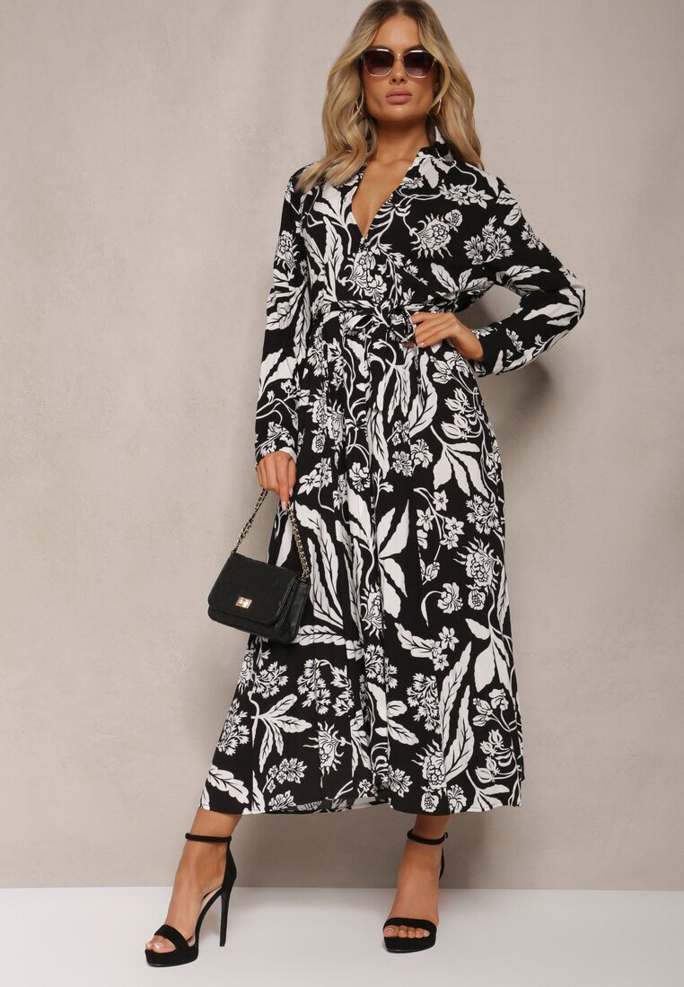 sweet&girl Rochie Negru-Alb Lungă tip Cămașă cu Model Floral Seraplle